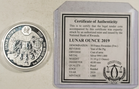 Bullion 2019 RWANDA PROOF 50 FRANCS LUNAR 1 OZ .999 SILVER YEAR OF THE PIG – GEM, OGP