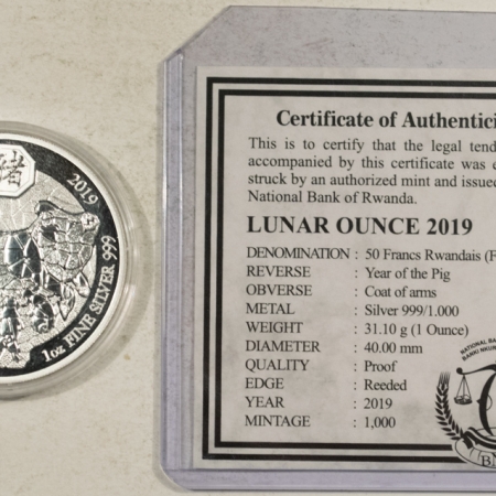 World Certified Coins 2019 RWANDA PROOF 50 FRANCS LUNAR 1 OZ .999 SILVER YEAR OF THE PIG – GEM, OGP