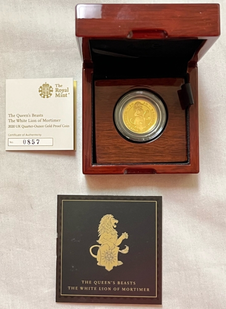 Bullion 2020 GREAT BRITAIN QUEENS BEASTS 1/4 OZ PROOF GOLD 25 LBS WHITE LION OF MORTIMER