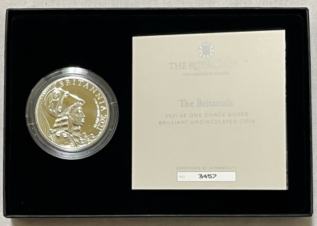 Silver Bullion 2021 GREAT BRITAIN 2 POUNDS BRITANNIA PORTRAIT 1 OZ BU, BOX & COA OGP