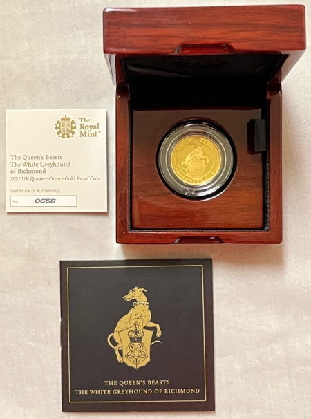 Bullion 2021 GREAT BRITAIN QUEEN’S BEASTS 1/4 OZ PROOF GOLD 25 LBS GREYHOUND OF RICHMOND