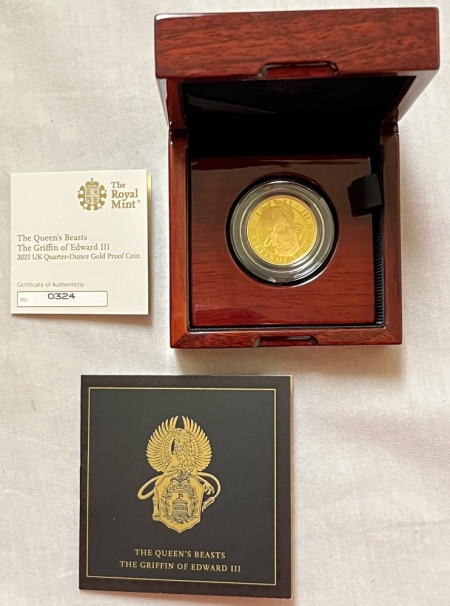 Bullion 2021 GREAT BRITAIN QUEEN’S BEASTS 1/4 OZ PROOF GOLD 25 LBS GRIFFIN OF EDWARD III