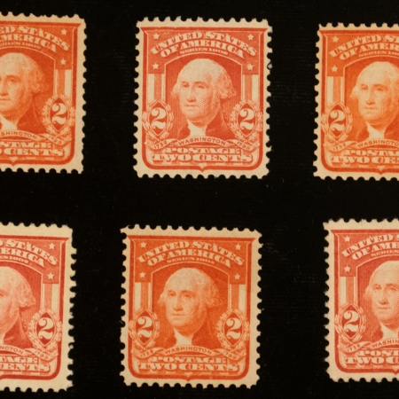 Postage SCOTT #319 2C CARMINE, MOG-NH, 1 IS HINGED, LOT/6 – F/VF FRESH GROUP, CAT $96!