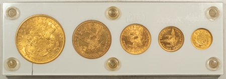 New Store Items 1856-1906 U.S. 5 PIECE LIBERTY GOLD TYPE SET, $1-$20, XF-CU IN CAPITAL HOLDER!