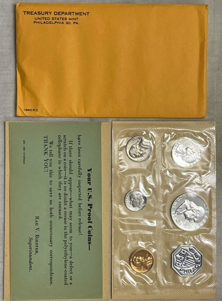 New Store Items 1960 5 COIN U.S. SILVER PROOF SET – GEM PROOF W/ ENVELOPE & PAPERS