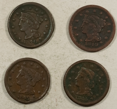 Braided Hair Large Cents 1844, 1845, 1846, 1849 BRAIDED HAIR LG CENTS LOT/4 DECENT EXAMPLES, MINOR ISSUES