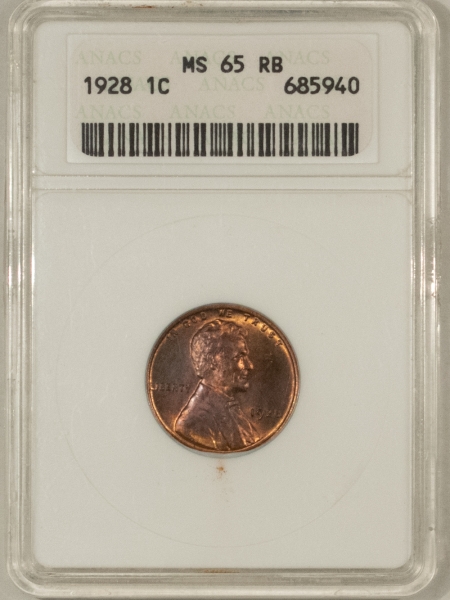 Lincoln Cents (Wheat) 1928 LINCOLN CENT – ANACS MS-65 RB, OLD SMALL WHITE HOLDER, GEM!