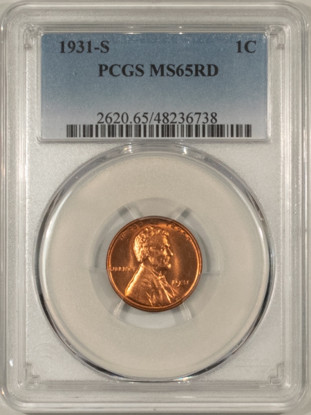 Lincoln Cents (Wheat) 1931-S LINCOLN CENT – PCGS MS-65 RD, A FIERY RED BLAZER, SUPER PREMIUM QUALITY!