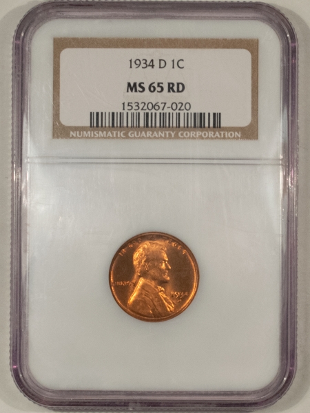 Lincoln Cents (Wheat) 1934-D LINCOLN CENT – NGC MS-65 RD, GEM!