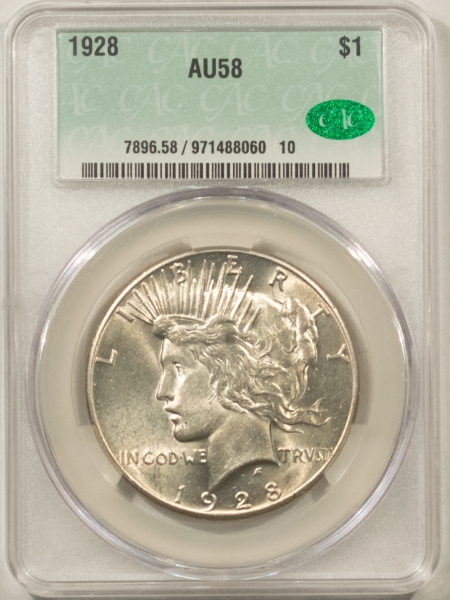 CAC Approved Coins 1928 PEACE DOLLAR – CAC GRADING AU-58, PREMIUM QUALITY!