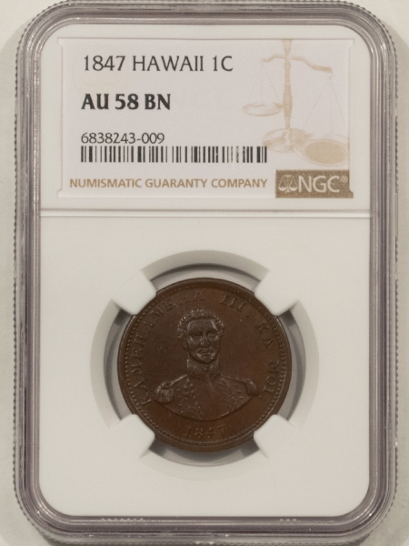 Hawaii/U.S. Territory Coins 1847 HAWAII CENT HAPA HANERI – NGC AU-58 BN, NICE SMOOTH CHOCOLATE BROWN, TOUGH!