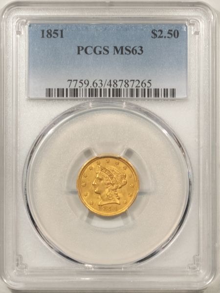 $2.50 1851 $2.50 LIBERTY GOLD – PCGS MS-63, MARK-FREE & ATTRACTIVE!