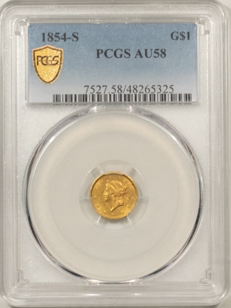 $1 1854-S $1 GOLD DOLLAR – PCGS AU-58, REALLY TOUGH DATE!
