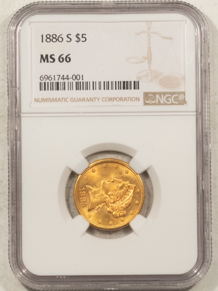 $5 1886-S $5 LIBERTY GOLD – NGC MS-66, POP 2, O HIGHER!