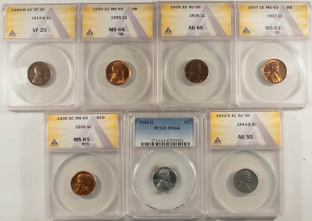 Lincoln Cents (Wheat) 1919-D – 1943-S LINCOLN CENTS, LOT OF 7 – ANACS VF-20 – AU-55