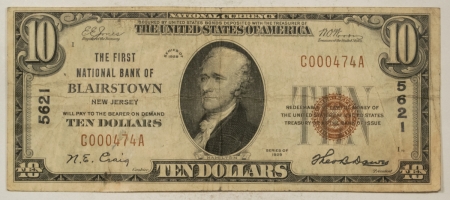 New Store Items 1929 $10 TY I, THE FIRST NATIONAL BANK OF BLAIRSTOWN, NJ, CHTR #5621, NICE VF
