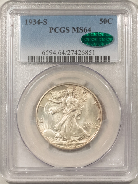 CAC Approved Coins 1934-S WALKING LIBERTY HALF DOLLAR – PCGS MS-64, FRESH ORIGINAL WHITE! PQ & CAC!