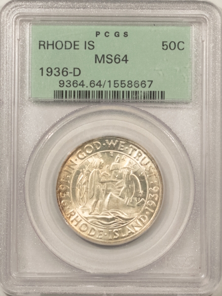 New Certified Coins 1936-D RHODE ISLAND COMMEMORATIVE HALF DOLLAR, PCGS MS-64, OGH, PRETTY & PQ+