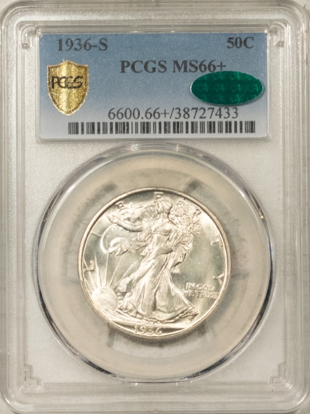 CAC Approved Coins 1936-S WALKING LIBERTY HALF DOLLAR – PCGS MS-66+, LUSTROUS, SUPERB GEM, PQ, CAC!