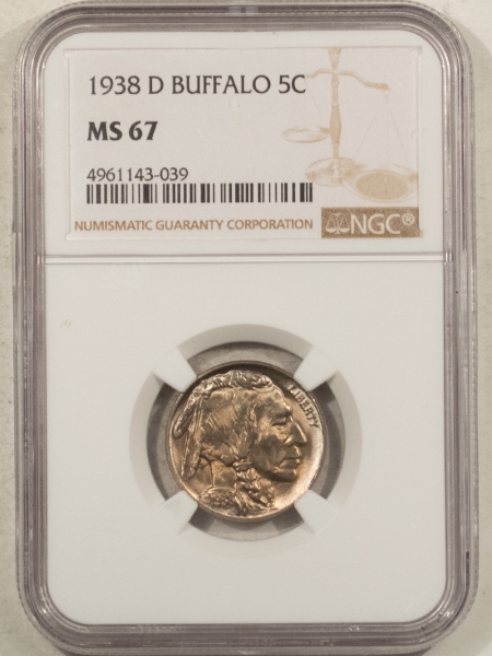Buffalo Nickels 1938-D BUFFALO NICKEL – NGC MS-67, SUPERB GEM, PRISTINE!