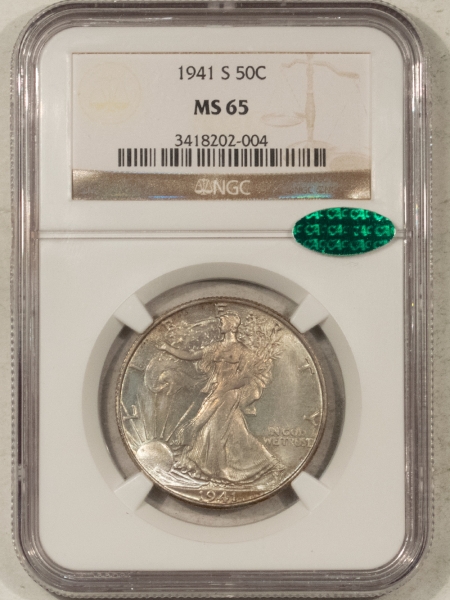 CAC Approved Coins 1941-S WALKING LIBERTY HALF DOLLAR – NGC MS-65, PRETTY ORIG GEM, CAC APPROVED!