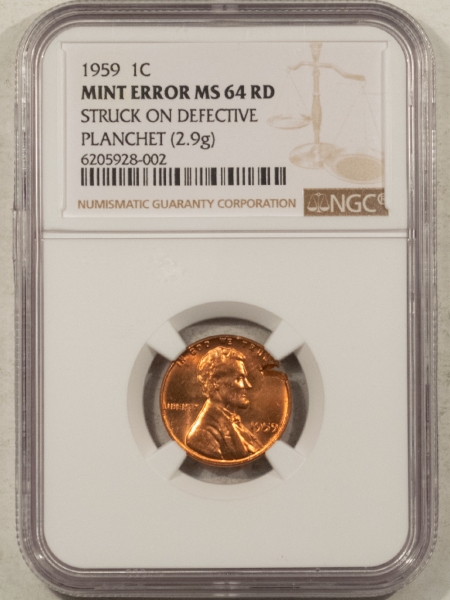Lincoln Cents (Memorial) 1959 LINCOLN CENT MINT ERROR – NGC MS-64 RD, STRUCK ON DEFECTIVE PLANCHET (2.9G)