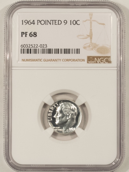 New Store Items 1964 PROOF POINTED 9 ROOSEVELT DIME – NGC PF-68