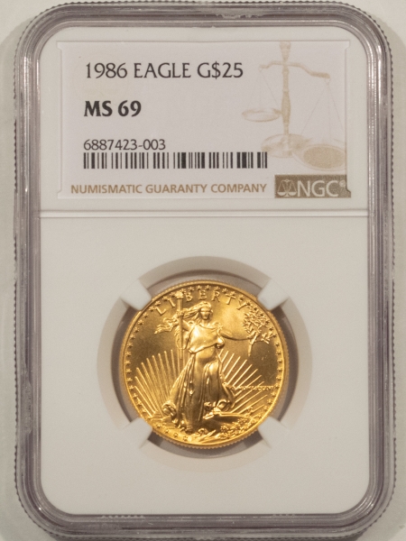 American Gold Eagles, Buffaloes, & Liberty Series 1986 1/2 OZ $25 AMERICAN GOLD EAGLE – NGC MS-69, ROMAN NUMERAL, FIRST YEAR