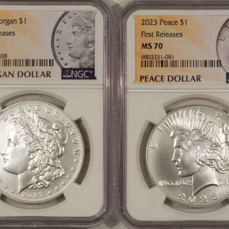 New Store Items 2023 MORGAN & PEACE DOLLAR COMMEMORATIVE TWO COIN SET, NGC MS-70 FIRST RELEASE