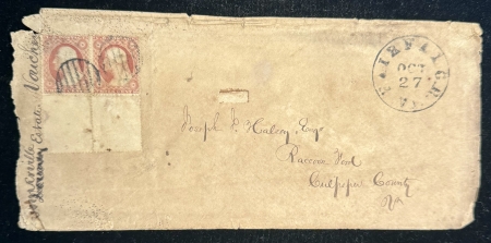 Local Stamps SCOTT #25 PAIR TIED ON VIRGINIA “CIVIL WAR-ERA” COVER, W/ FAIRFAX CH CANCEL-READ