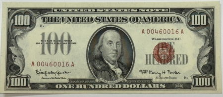 New Store Items 1966 $100 UNITED STATES RED SEAL NOTE, FR-1550, FRESH CH CU (TINY MARGIN SPLIT)