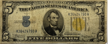 New Store Items 1934-A $5 SILVER CERTIFICATE, NORTH AFRICA, FR-2307, NICE FINE, TINY CORNER NICK