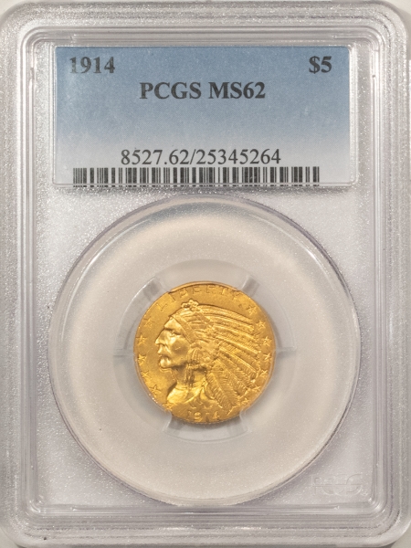 $5 1914 $5 INDIAN GOLD – PCGS MS-62, TOUGH DATE, MARK-FREE & NICE!
