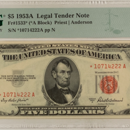 Legal Tender 1953-A $5 LEGAL TENDER RED SEAL, STAR, FR-1533*, PMG GEM UNCIRCULATED 66 EPQ!