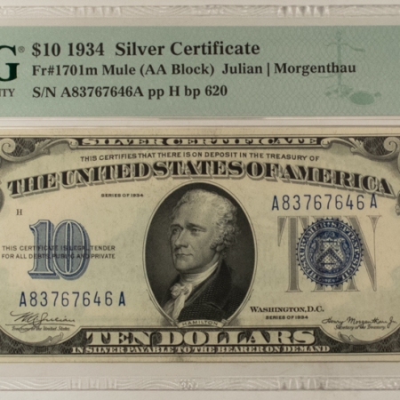 Small Silver Certificates 1934 $10 SILVER CERTIFICATE, MULE, FR-1701m, PMG GEM UNCIRULATED 65 EPQ!