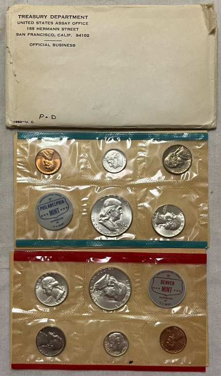 New Store Items 1963-P/D 10 COIN US SILVER MINT SET, GEM UNCIRCULATED, W/ ORIGINAL MINT ENVELOPE