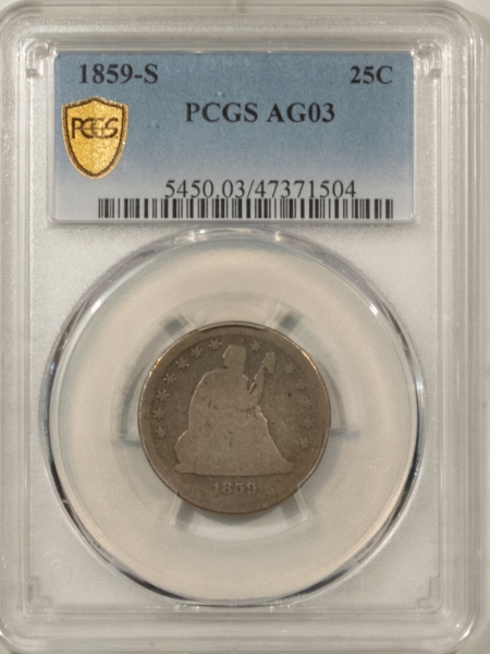 Liberty Seated Quarters 1859-S SEATED LIBERTY QUARTER – PCGS AG-3, RARE DATE! 80,000 MINTAGE!