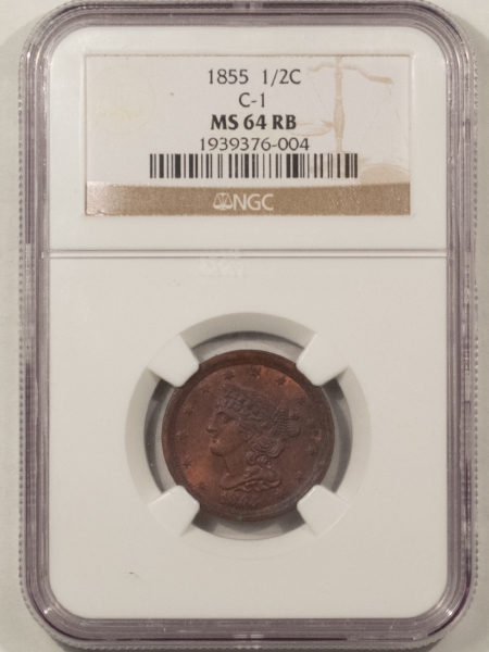 Braided Hair Half Cents 1855 BRAIDED HAIR HALF CENT, C-1 – NGC MS-64 RB, NICE UNDERLYING RED LUSTER!