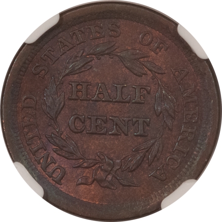 Braided Hair Half Cents 1855 BRAIDED HAIR HALF CENT, C-1 – NGC MS-64 RB, NICE UNDERLYING RED LUSTER!