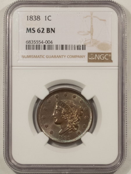 Coronet Head Large Cents 1838 CORONET HEAD LARGE CENT – NGC MS-62 BN, SMOOTH & PRETTY!