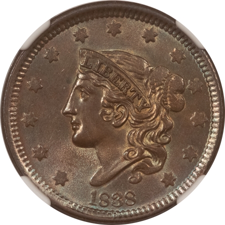 Coronet Head Large Cents 1838 CORONET HEAD LARGE CENT – NGC MS-62 BN, SMOOTH & PRETTY!