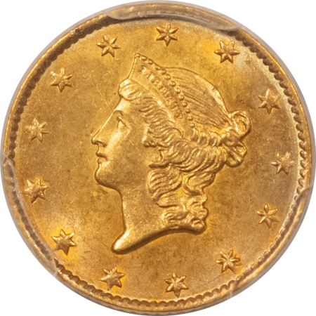 $1 1849 $1 OPEN WREATH GOLD DOLLAR – PCGS MS-63, REALLY PRETTY! FIRST YEAR ISSUE!