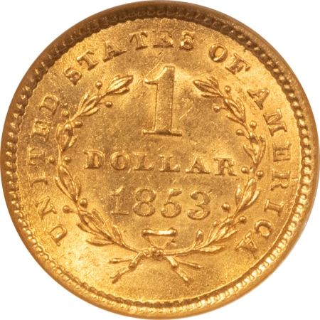 $1 1853 $1 GOLD DOLLAR – NGC MS-60, FATTIE HOLDER & PREMIUM QUALITY+!