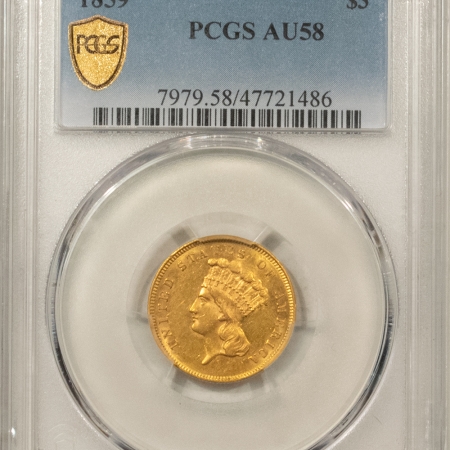 $3 1859 $3 GOLD PRINCESS – PCGS AU-58, FRESH & LUSTROUS RARE DATE!