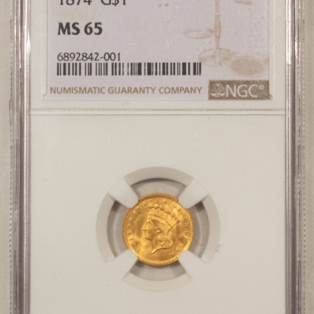 $1 1874 $1 GOLD DOLLAR – NGC MS-65, FRESH GEM!