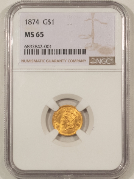 $1 1874 $1 GOLD DOLLAR – NGC MS-65, FRESH GEM!