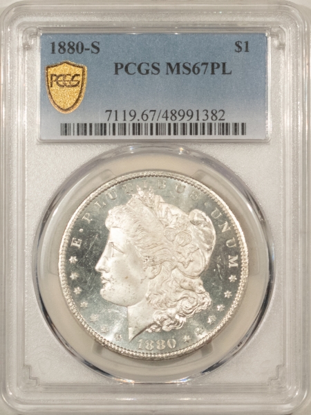 Morgan Dollars 1880-S MORGAN DOLLAR – PCGS MS-67 PL BLACK & WHITE, PROOFLIKE & PREMIUM QUALITY!