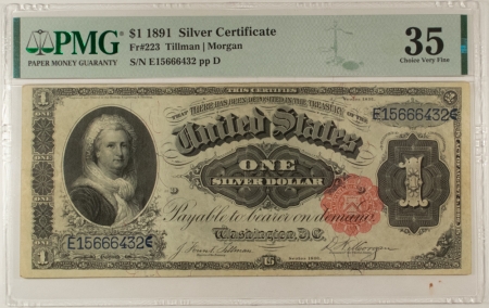 Large Silver Certificates 1891 $1 SILVER CERTIFICATE, FR-223 – PMG CHOICE VERY FINE-35!
