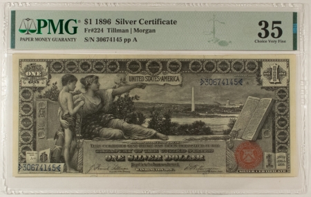Large Silver Certificates 1896 $1 SILVER CERTIFICATE, FR-224 – PMG CHOICE VERY FINE-35!