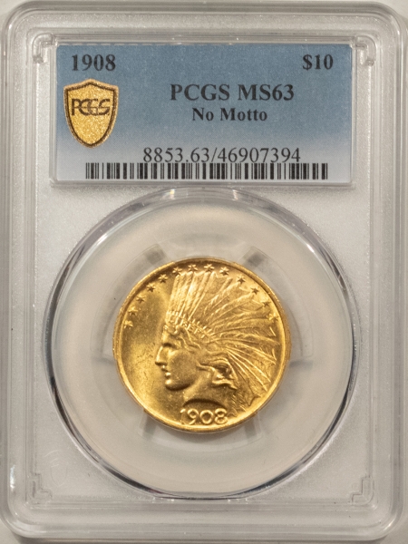 $10 1908 $10 NO MOTTO INDIAN GOLD – PCGS MS-63, LUSTROUS, SCARCE & LOW MINTAGE!